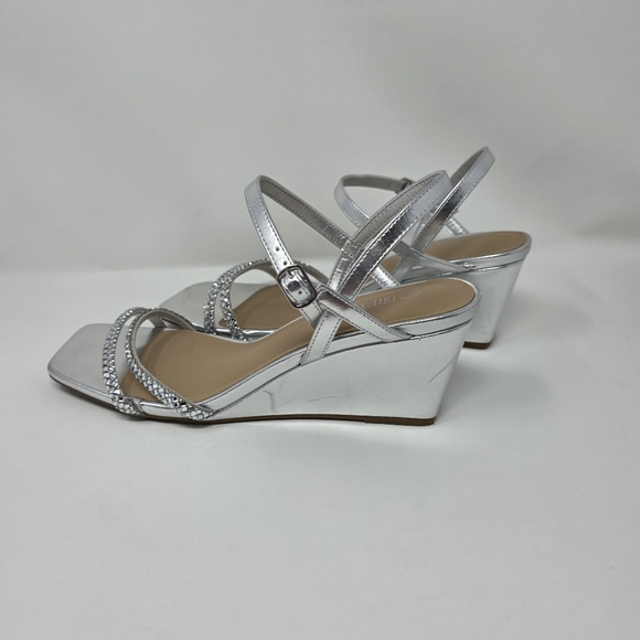 Womens Size 8.5 Silver Rhinestone Square Open Toe Strappy Wedge Sandals Elegant - Picture 3 of 10